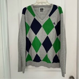 Express V-Neck Green Blue Gray Argyle Sweater
